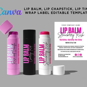 May include: Three cylindrical lip balm tubes in pink, black, and white with matching caps. The labels feature text including Lip Balm, Rose and Vanilla, Cherry Red, and Strawberry Rush. A square label template displays product details and ingredients.