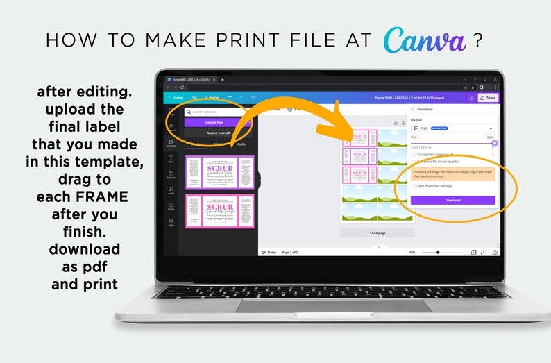 May include: A laptop computer screen showing a Canva design with a label that says 'SCHUR' and a pineapple graphic. The screen also shows a download button and a message that says 'Downloading the larger size and high-resolution image might take longer than usual for the image to download.' The laptop is on a white surface.