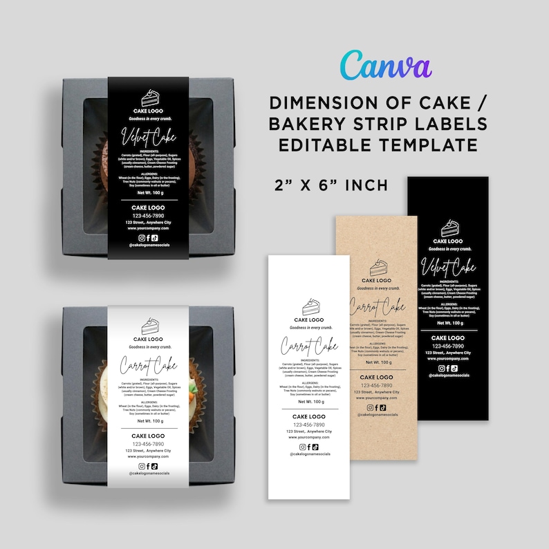 Bakery Strip Labels Template for Cakes and Cupcakes, Editable Canva ...
