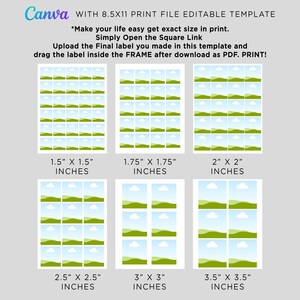 May include: A template with six different label sizes, ranging from 1.5" x 1.5" to 3.5" x 3.5", designed for printing. Each label size features a grid of small landscape images. The Canva logo is visible in the top left corner.
