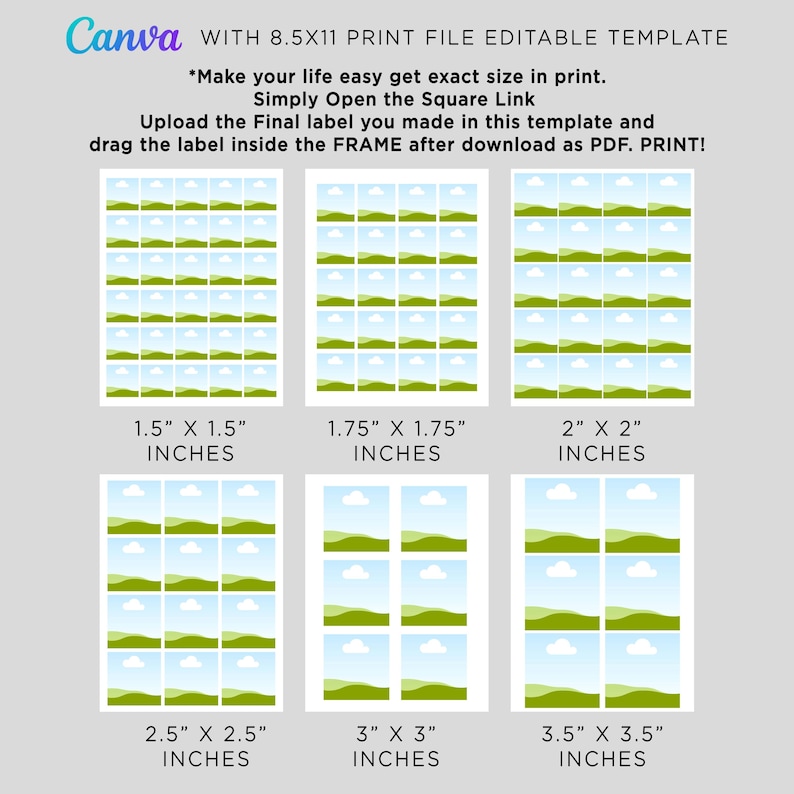 May include: A template with six different label sizes, ranging from 1.5" x 1.5" to 3.5" x 3.5", designed for printing. Each label size features a grid of small landscape images. The Canva logo is visible in the top left corner.