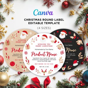 Pode incluir: Quatro etiquetas redondas com tema natalino com fundo branco, acentos vermelhos e verdes e uma ilustração do Papai Noel. As etiquetas apresentam o texto "Wishing You Merry Christmas" e "Product Name".