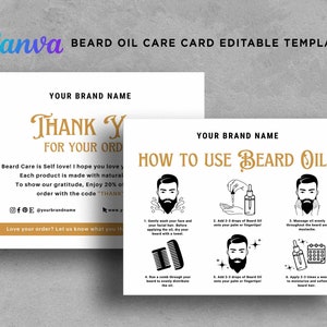Beard Oil Instruction Card, Beard Oil Care Card, Beard Oil Cards, How to use Beard Oil, Beard Oil Application Guide Template Editable Canva