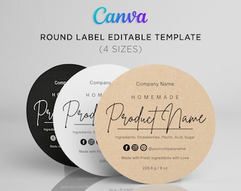 Printable Round Label, Circle Label Sticker for Canning Jars, Homemade Goods, Jam, Jelly, Candles, Variant Label, Editable Template in Canva