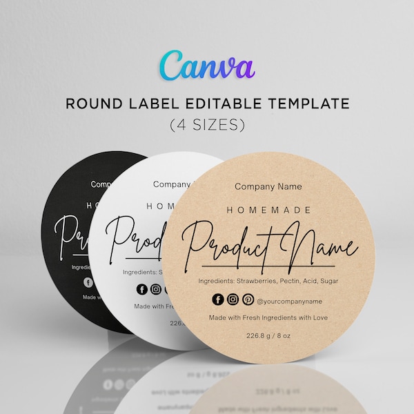 Printable Round Label, Circle Label Sticker for Canning Jars, Homemade Goods, Jam, Jelly, Candles, Variant Label, Editable Template in Canva