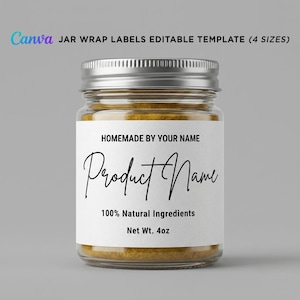 Customizable Canva template for minimalist white homemade product jar labels featuring full wrap design in 4 sizes.