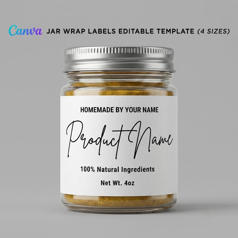 Customizable Canva template for minimalist white homemade product jar labels featuring full wrap design in 4 sizes.