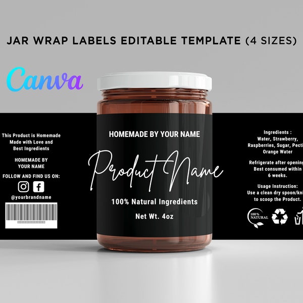 Printable Jar Label Wrap Around Stickers, Mason Jar Labels, Container Jar Ingredients Labels, Amber Jar Labels Template Editable at Canva