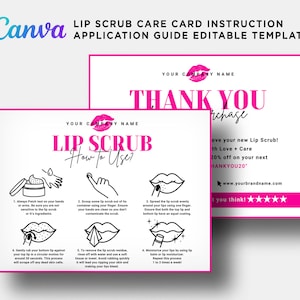 Lip Scrub Application Guide Card, How to Use Lip Scrub, Lip Scrub Thank You Card, Lip Scrub Care Instruction Card Editable Template Canva