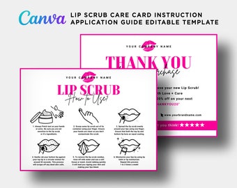 Lip Scrub Application Guide Card, How to Use Lip Scrub, Lip Scrub Thank You Card, Lip Scrub Care Instruction Card Editable Template Canva