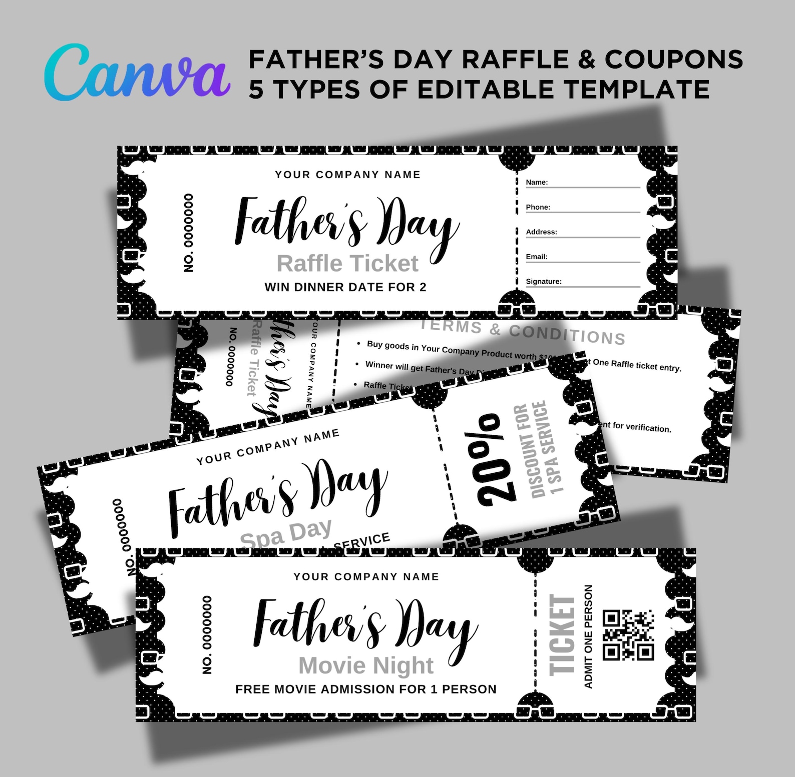 5 Father's Day Raffle Ticket, Fathers Day Cinema Ticket, Father's Day ...