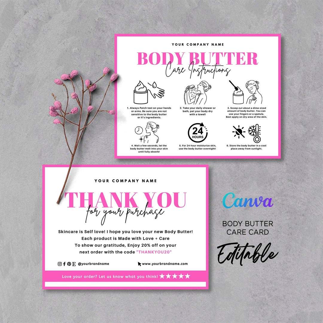 Body Butter Instruction Card, How to Use Body Butter, Thank You Card
