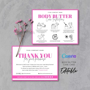 Body Butter Instruction Card, How to Use Body Butter, Thank You Card for Whipped Body Butter, Body Butter Care Card Editable Template Canva