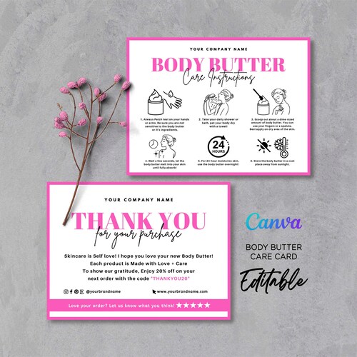 Body Butter Instruction Card, How to Use Body Butter, Thank You Card for Whipped Body Butter, Body Butter Care Card Editable Template Canva