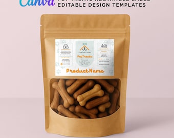 May include: A brown paper bag with a clear window showing dog treats shaped like bones. The bag has a label with the text "Pet Treats" and the words "Homemade, Healthy & Tasty, High Protein".