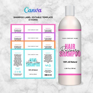 Flacone di shampoo per capelli, etichette per shampoo, etichetta adesiva per shampoo, shampoo per la crescita dei capelli, prodotti per la cura dei capelli, modello di shampoo modificabile Canva