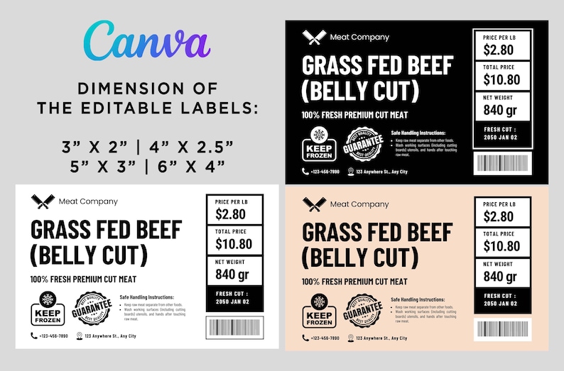 Butcher Shop Meat Label Templates: Editable Canva Design (3x2, 4x2.5 ...