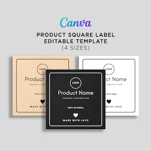 DIY Product Labels for Handmade Goods - Square Bottle & Jar Label Template - Editable Square Product Label Template - 4 Sizes