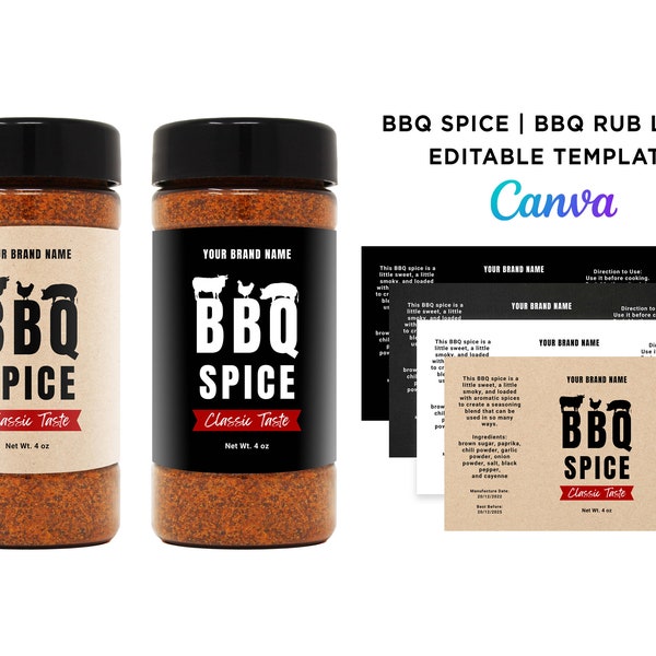 Printable BBQ Spice Wrap Label Design, Barbeque Rub 8oz, 6oz, 4oz BBQ Spice Jar, Barbeque Bottle. BBQ Rub Label. Editable Template at Canva.
