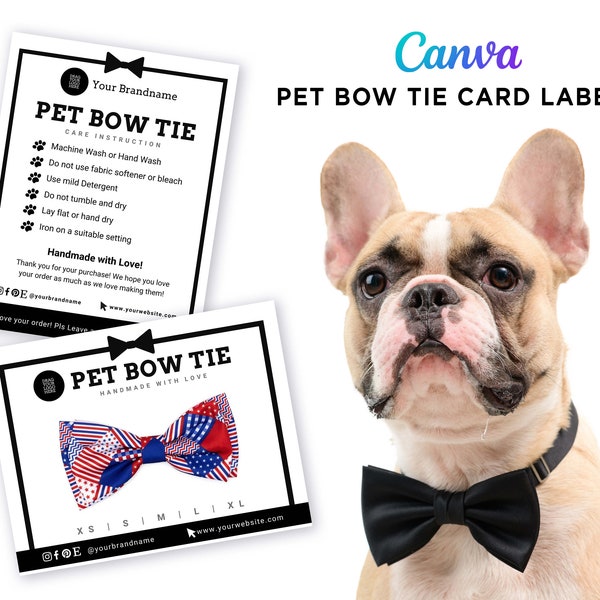 Printable Pet Bow Tie Label Card, Pet Business Labels, Pet Dog Bow Tie Tags, Dog Bow Tie Labels Editable Template Canva, Ready to Print PDF