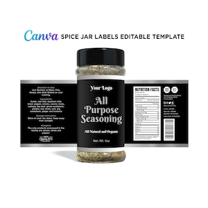 Customizable Canva spice jar label mockup displaying all-natural organic seasoning branding with nutrition facts and barcode details.