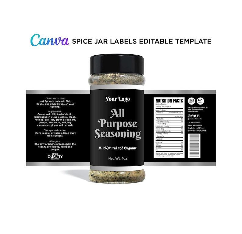 Customizable Canva spice jar label mockup displaying all-natural organic seasoning branding with nutrition facts and barcode details.