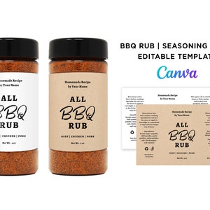 Printable Wrap Label for BBQ Rub, Barbeque Seasoning Label 8oz, 4oz Clear Bottle. BBQ Rub Label Sticker. BBQ Rub Editable Template at Canva.
