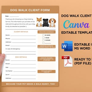 Printable Dog Walk Client Form, Dog Walk Service Dog information, Dog Walking Service Form, Editable Template at Canva, PDF Ready to Print