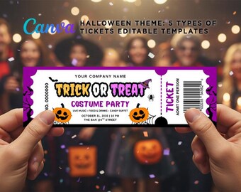 May include: A Halloween-themed ticket in purple and black, featuring the text "Trick or Treat Costume Party" in orange and black. The design includes jack-o'-lanterns, a witch's hat, and a spider. The top text reads "Halloween Theme: 5 Types of Tickets Editable Templates".