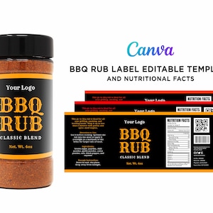 BBQ Rub Wrap Label Design, Barbeque Rub 4oz Clear Bottle, Barbeque Seasoning Label, BBQ Rub Black Label Design, Editable Template at Canva.