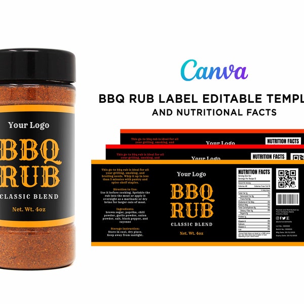 BBQ Rub Wrap Label Design, Barbeque Rub 4oz Clear Bottle, Barbeque Seasoning Label, BBQ Rub Black Label Design, Editable Template at Canva.