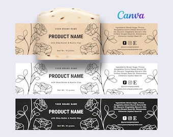 May include: A brown, white, and black label with a floral design and the text "YOUR BRAND NAME", "PRODUCT NAME", "with Shea Butter & Kaolin Clay", and "Net Wt. 10 grams". The label is for a bar of soap.