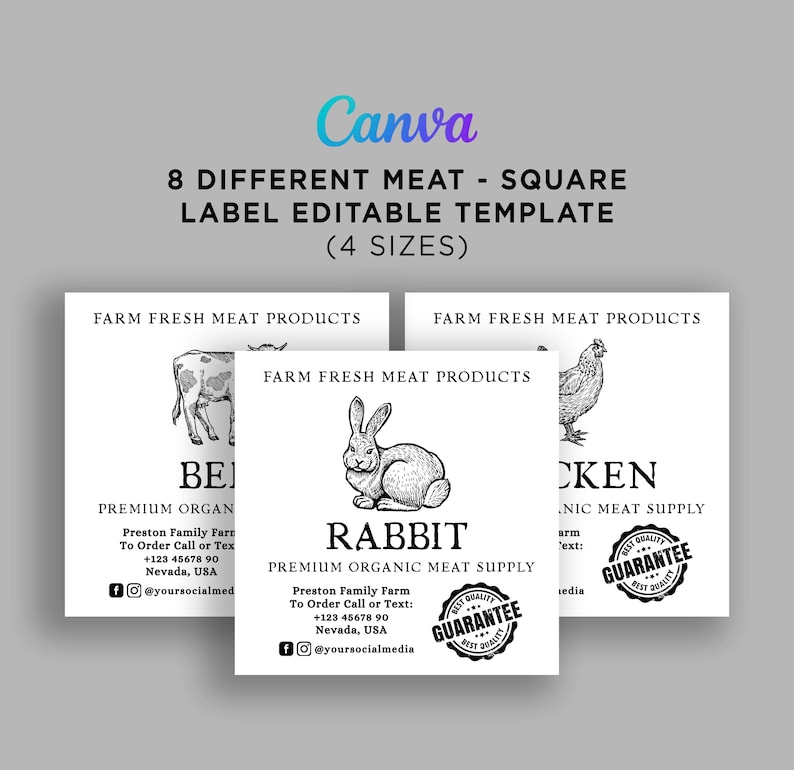 Processed Meat Food Label Farm Fresh Meat Label Template: Editable Square Canva Labels (digital ...