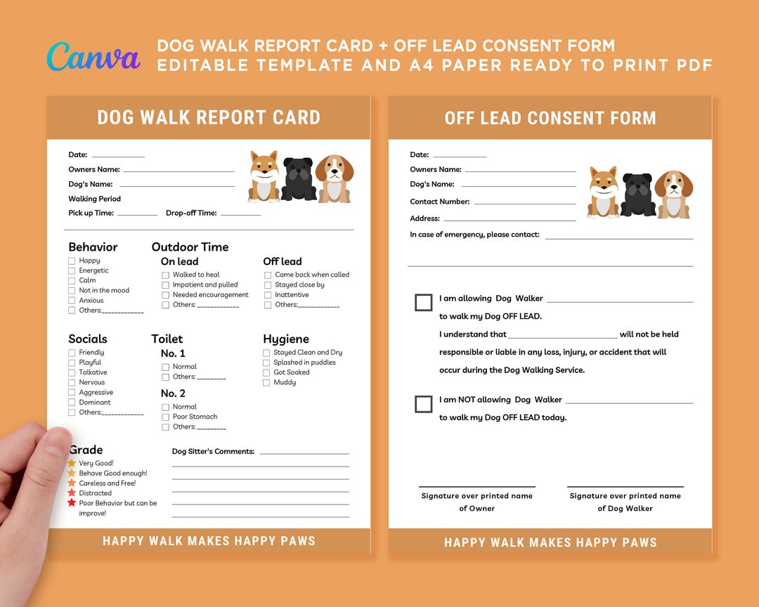 Printable Dog Walking Report Card, Dog Walk Service Report Card, Dog
