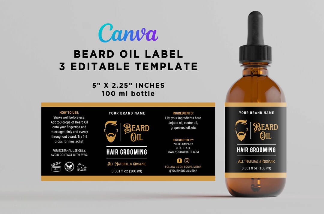 Printable Beard Oil Label Design, Men Care Label, Beard Oil Dropper Bottle Wrap Label Sticker, Beard Care Label, Editable Templat at Canva. - Etsy