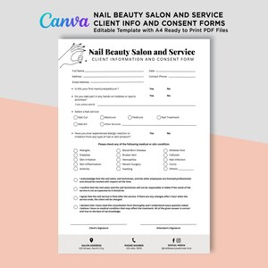 Nail Beauty Salon Forms, Nail Technician Forms, Nail Salon Client Information Consent Form, Nail Tech Business Forms Editable Template Canva