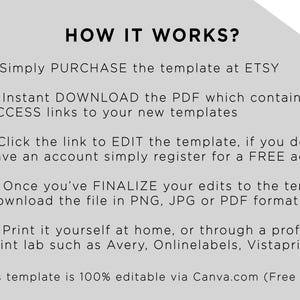 May include: A graphic with instructions on how to use a digital template. The graphic includes icons for a shopping cart, a link, a cloud, and a printer. The text says "HOW IT WORKS?" and includes steps for purchasing, downloading, editing, and printing a template.