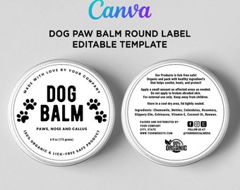 Dog Balm Label, Paw Balm Labels, Dog Cream Labels, Dog Care Templates, Cat Paw Balm, Pet Balm Labels, Dog Label Editable Template Canva