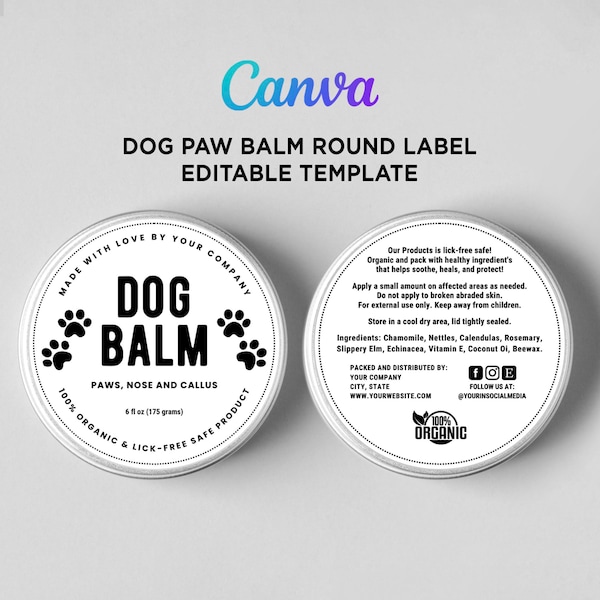 Dog Balm Label, Paw Balm Labels, Dog Cream Labels, Dog Care Templates, Cat Paw Balm, Pet Balm Labels, Dog Label Editable Template Canva