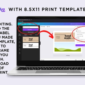 K&ouml;nnte beinhalten: Ein Laptop-Bildschirm zeigt eine Canva-Designvorlage mit dem Text "hand made" auf einem braunen Etikett. Der Bildschirm zeigt ein Dropdown-Men&uuml; mit der Option, das Design als PDF herunterzuladen.
