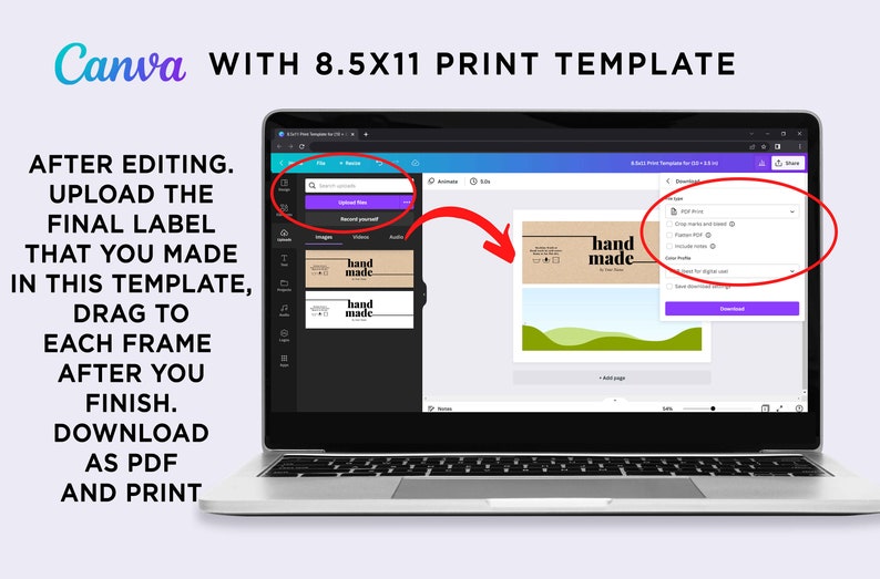 K&ouml;nnte beinhalten: Ein Laptop-Bildschirm zeigt eine Canva-Designvorlage mit dem Text "hand made" auf einem braunen Etikett. Der Bildschirm zeigt ein Dropdown-Men&uuml; mit der Option, das Design als PDF herunterzuladen.