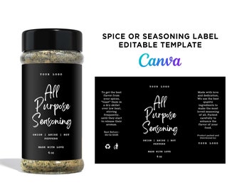 Printable Wrap Label for All Purpose Seasoning. Spice Label 8oz, 4oz Clear Bottle. Editable Template Personalize Canva.