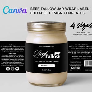 Aesthetic Beef Tallow Moisturizer Wrap Label, Editable Beef Tallow Moisturizer Labels, Grass-Fed Beef Tallow Product Label Template Canva