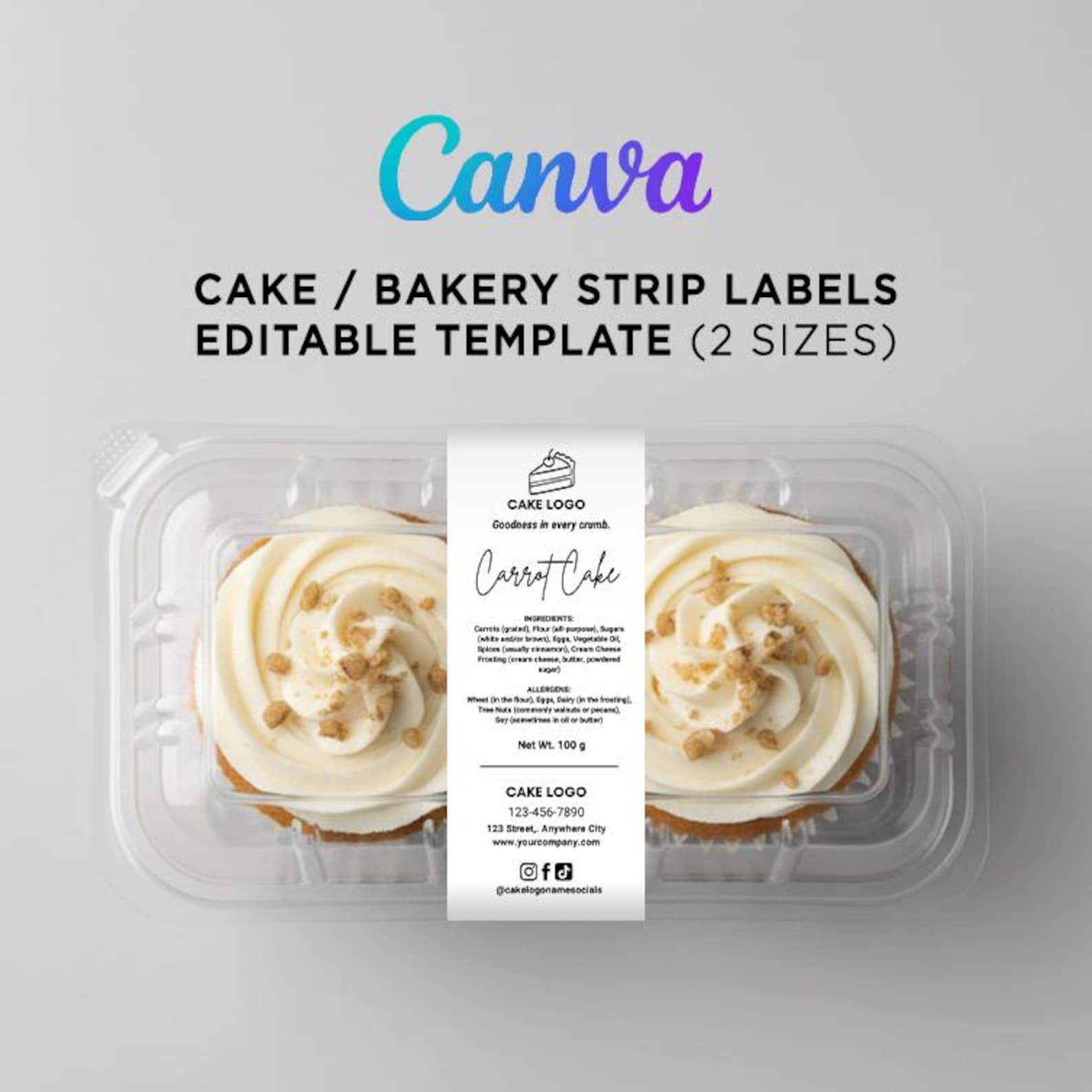 Bakery Strip Labels Template for Cakes and Cupcakes, Editable Canva ...