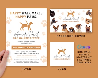 Dog Walking Templates, Dog Walk Starter Kit, Dog Walk Service Logo, Dog Walking Service Flyers, Dog Walking Service Editable Template Canva