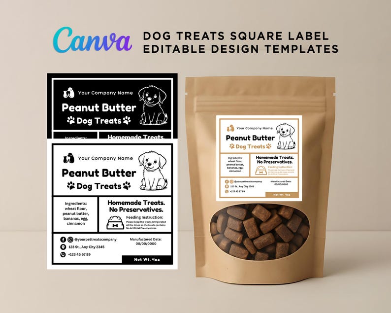 Square Dog Treat Label Canva, Custom Packaging Dog Treat Label ...