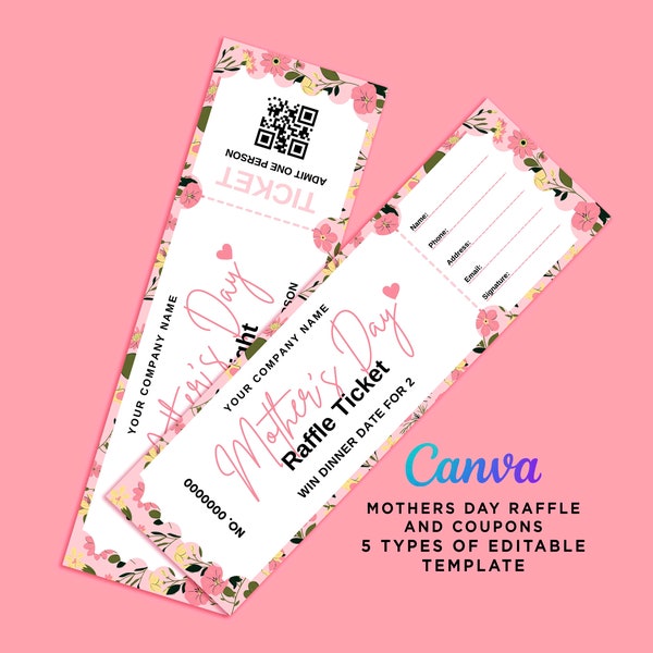 Mother's Day Discount Coupons, Mothers Day Cinema Ticket, Mother's Day Spa Day Coupons, Mothers Day Raffle Tickets Editable Canva Template