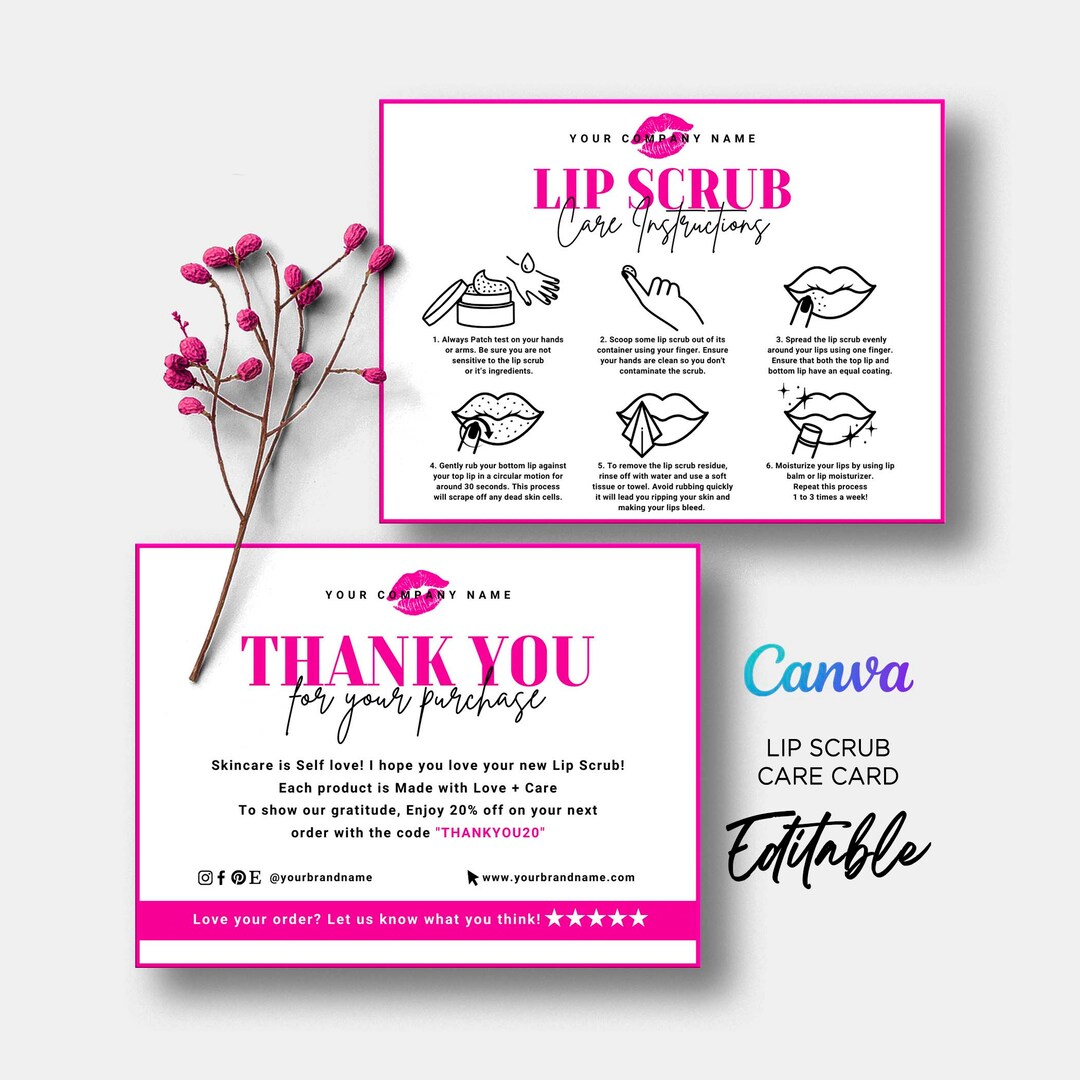 Lip Scrub Application Guide Card, How to Use Lip Scrub, Lip Scrub Thank You Card, Lip Scrub Care