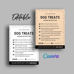 Printable Dog Treats Insert Card, Dog Treats Feeding Instruction, Pet Treats Insert Card, Dog Treats Template  Editable at Canva