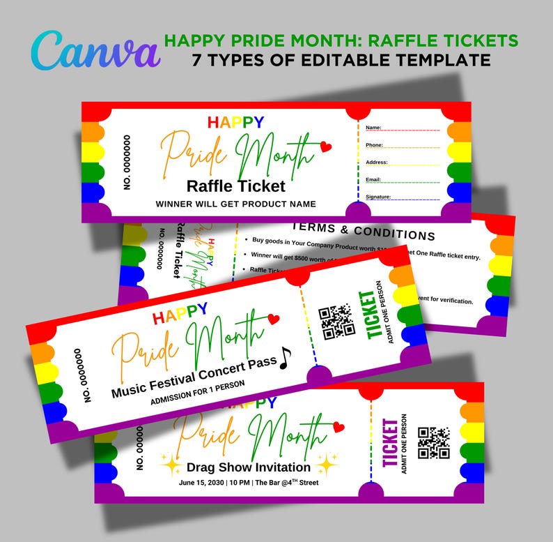 Pride Raffles Pride Month Ticket Bundle Editable Canva Template, LGBTQ Event ...
